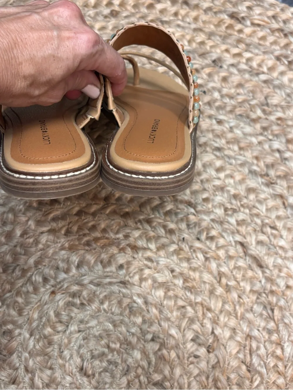 Lucky Brand Tan Beaded Leather Slide Sandals - Picture 5 of 7